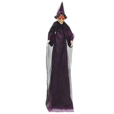 Sorcière Halloween parlante suspendue violette 216 x 125 cm