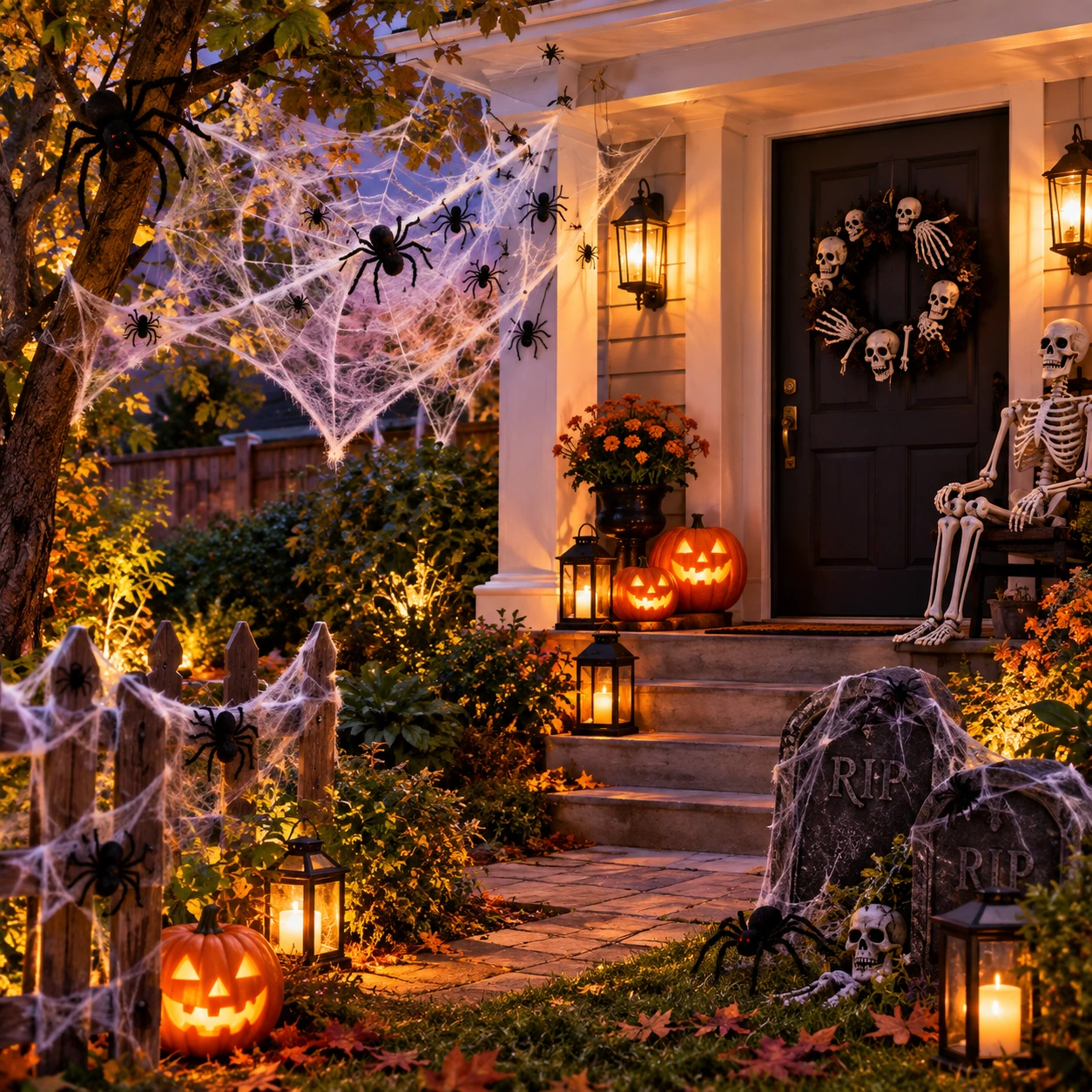 Porche et jardin d’Halloween avec des toiles d’araignée, des araignées et un squelette