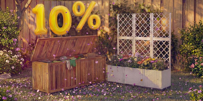 Coffre de rangement de jardin avec outils et jardinière avec treillis et fleurs dans une cour arrière, entourés de confettis roses et de ballons dorés « 10 % de réduction », mettant en avant une vente saisonnière sur le rangement de jardin et les jardinières.