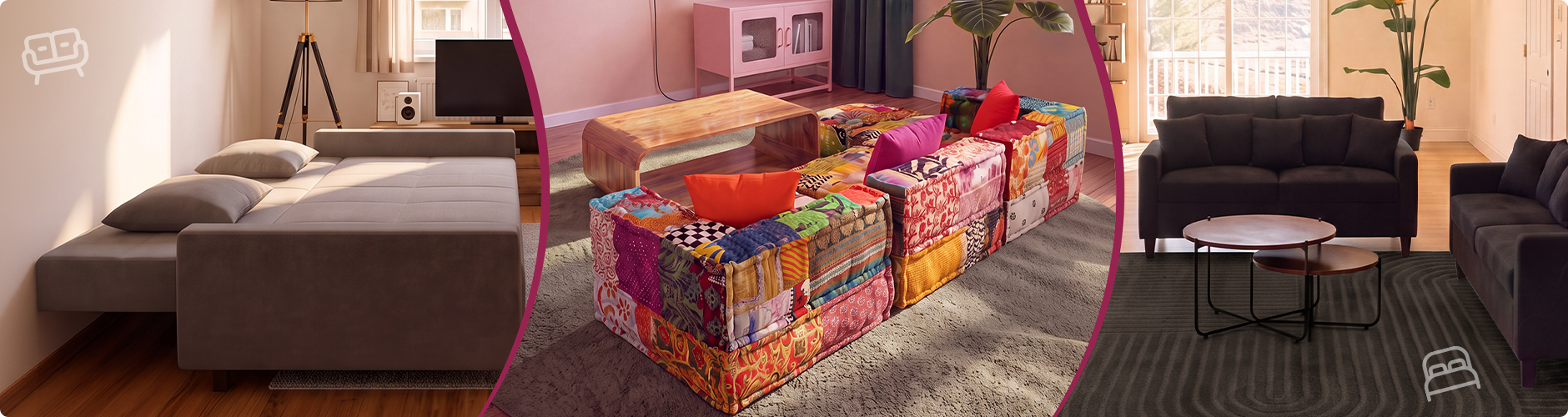 Collage présentant trois styles de canapés : un salon moderne avec des canapés foncés, un canapé modulable patchwork coloré autour d’une table basse et un canapé-lit gris entièrement déplié. Cliquez pour voir la collection de canapés.