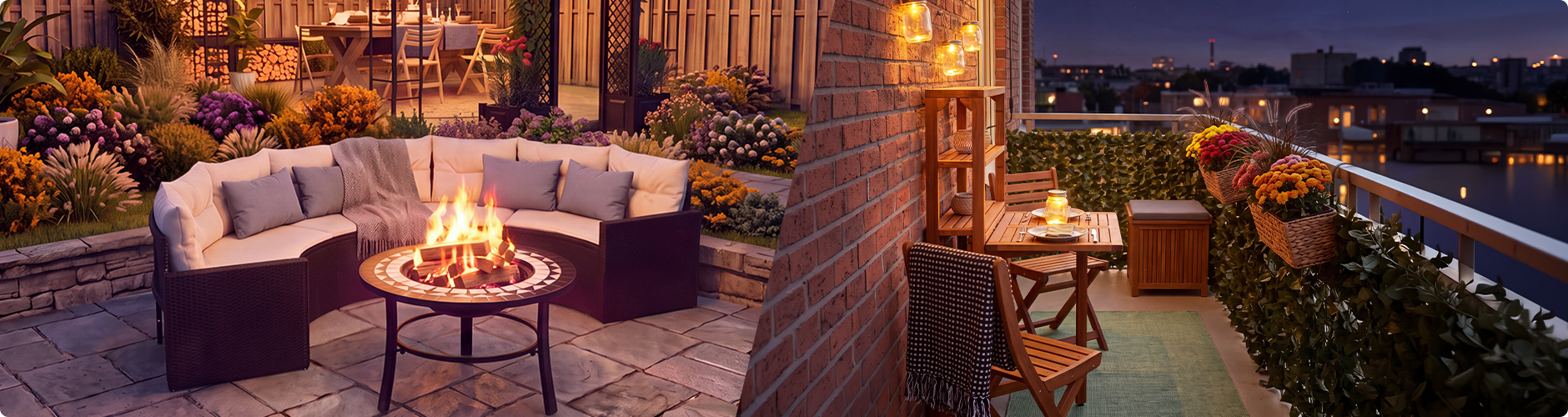 Espaces de vie extérieurs cosy au crépuscule, avec un salon de jardin et un brasero d’un côté, ainsi qu’une tonnelle fleurie, et de l’autre, un balcon décoré avec mobilier en bois, éclairage par lanternes et fleurs en pot donnant sur un panorama urbain.