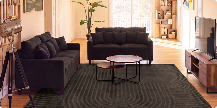 Salon moderne avec deux canapés foncés, des tables basses gigognes, un meuble TV et un grand tapis dans un espace lumineux.