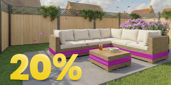  Salon de jardin d’angle en rotin avec coussins beiges et table en bois sur terrasse ensoleillée, entouré de fleurs et d’une clôture en bois, avec bannière promo printemps 20 %.