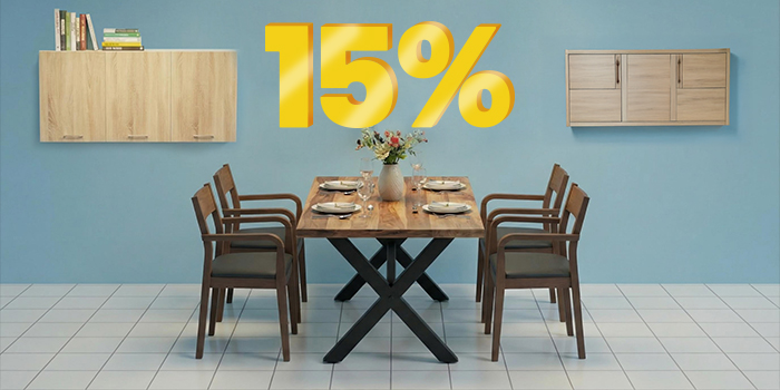 Bannière publicitaire affichant une remise de « 15 % » en grands chiffres jaunes en 3D au-dessus d'une salle à manger moderne avec une table en bois, quatre chaises et un meuble mural. Cliquez pour voir les produits de la collection.