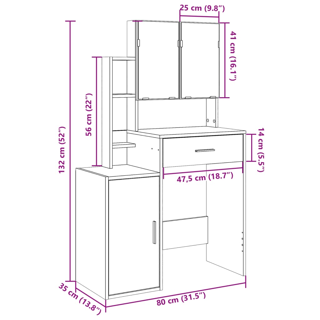 vidaXL Coiffeuse avec armoire chêne sonoma 80x35x132 cm