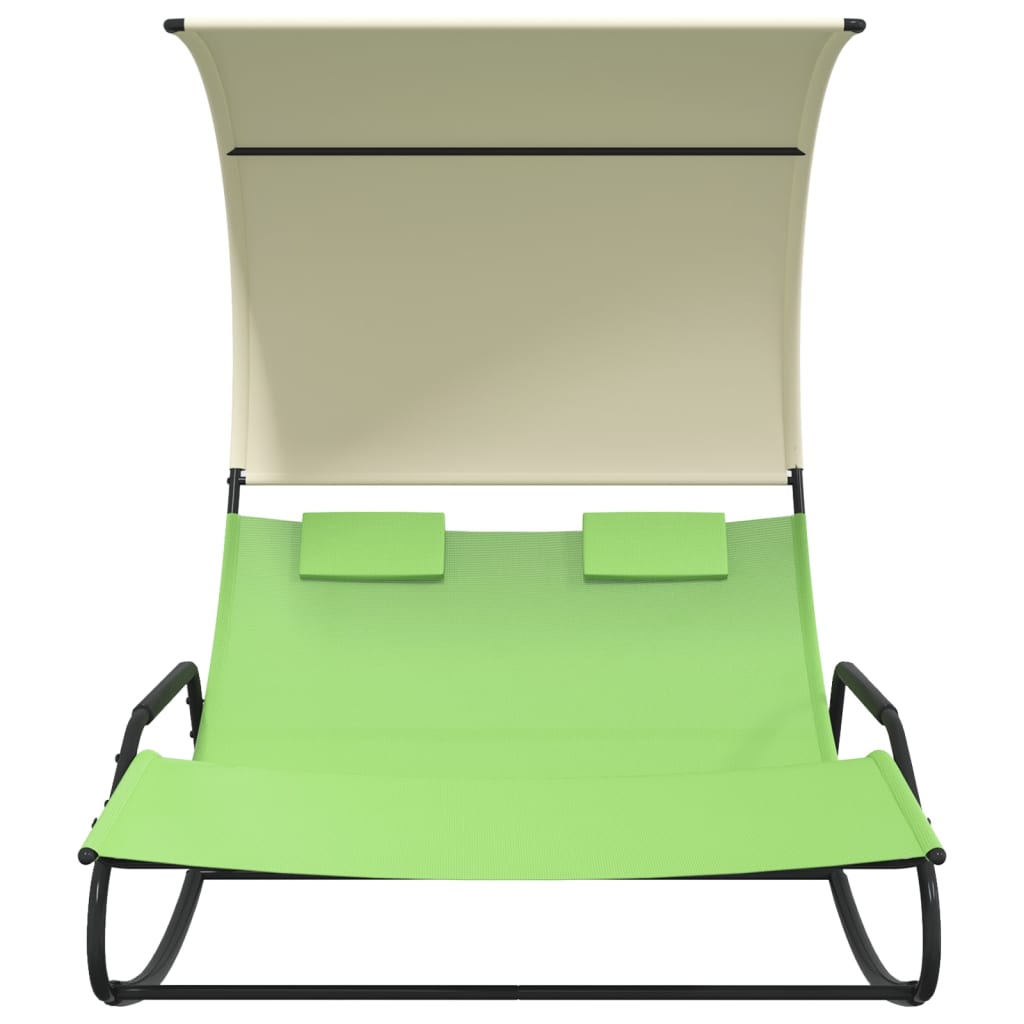 vidaXL Chaise longue double à bascule avec auvent Vert et crème