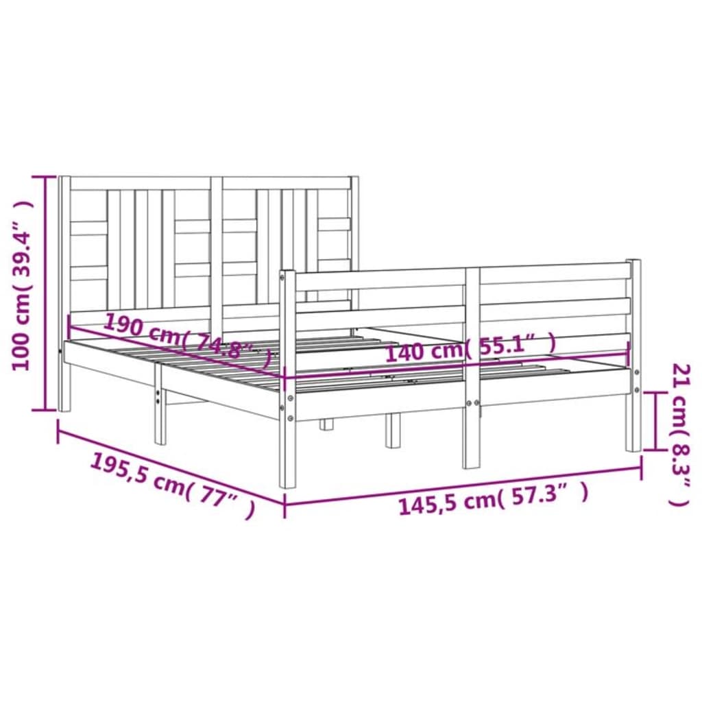 vidaXL Cadre de lit avec tête de lit gris 140x190 cm bois massif