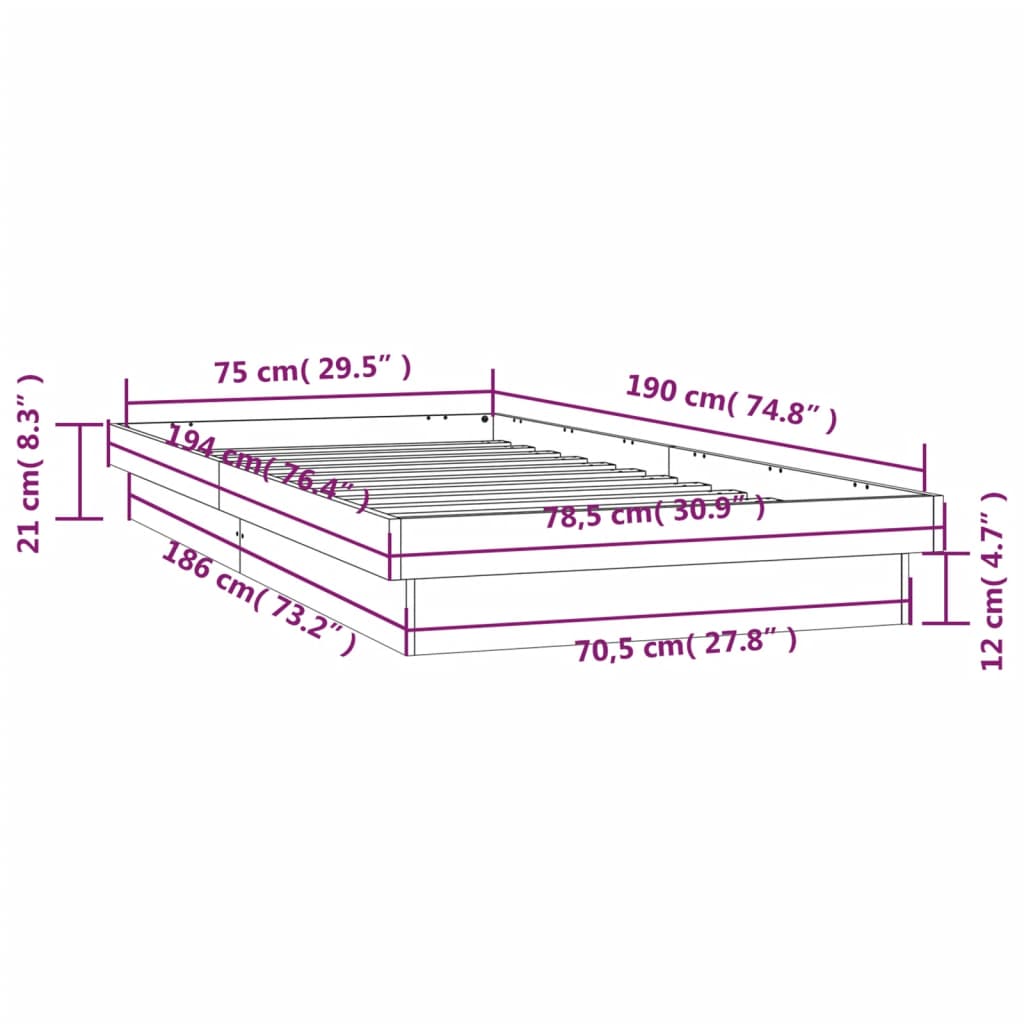 vidaXL Cadre de lit à LED blanc 75x190 cm petit simple bois massif