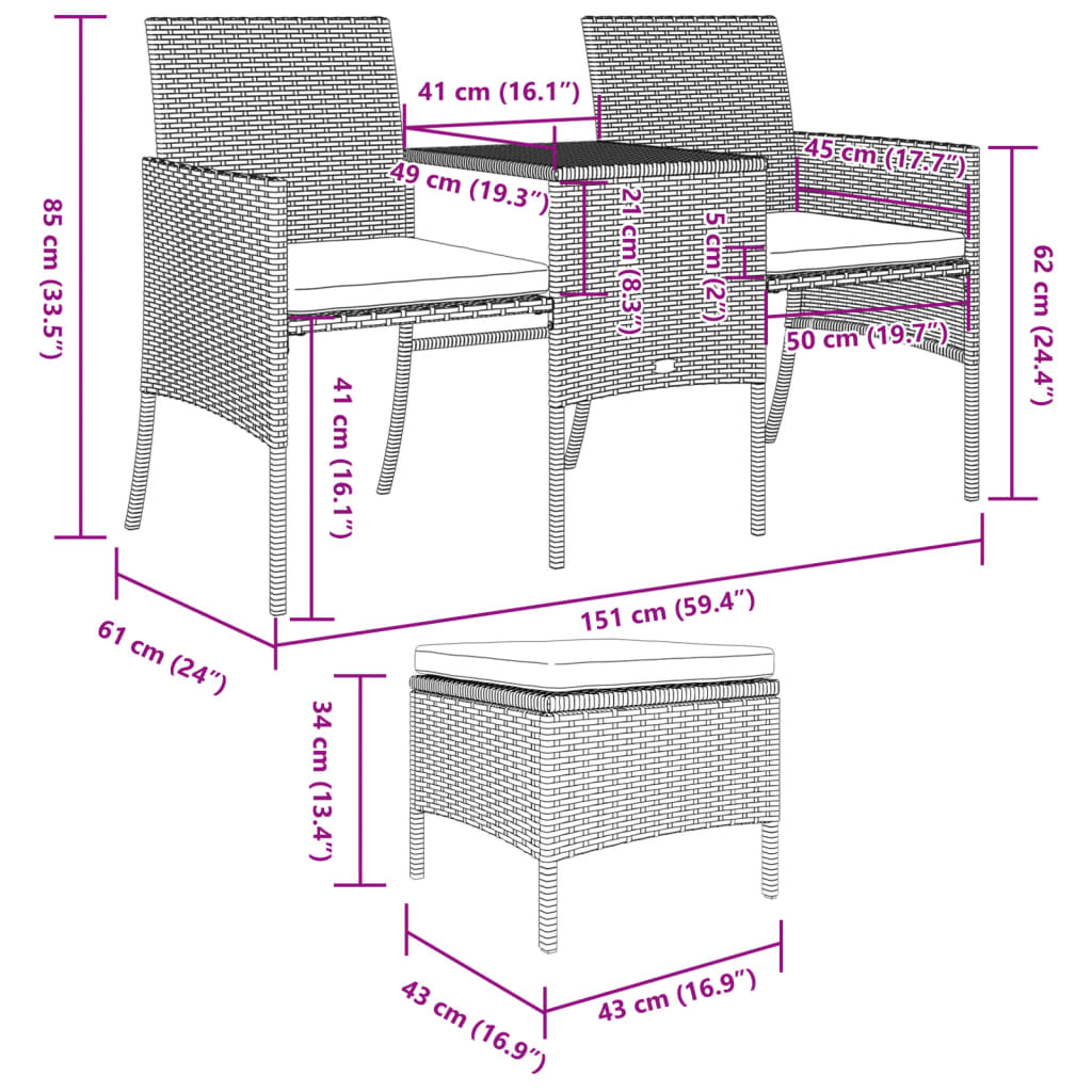 vidaXL Canapé de jardin 2 places avec table et tabourets noir rotin