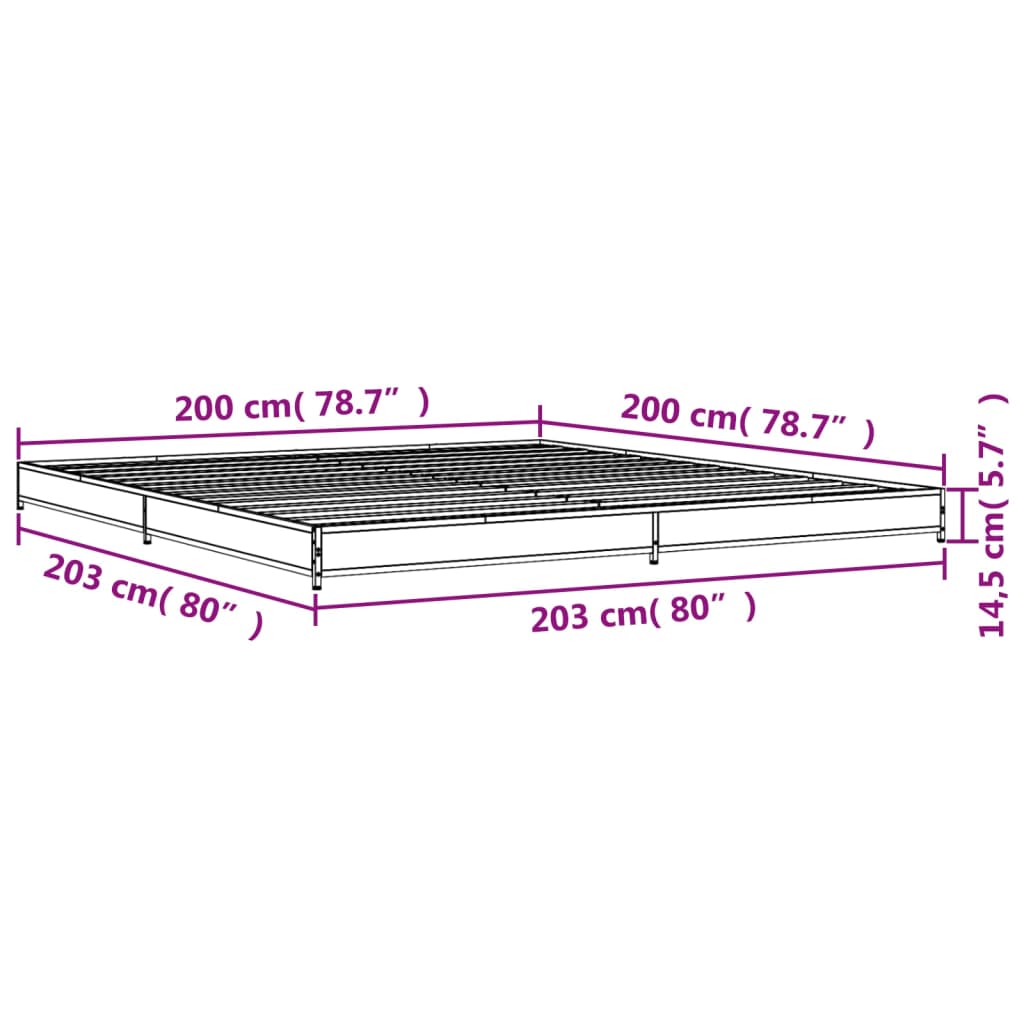 vidaXL Cadre de lit chêne fumé 200x200 cm bois d'ingénierie et métal