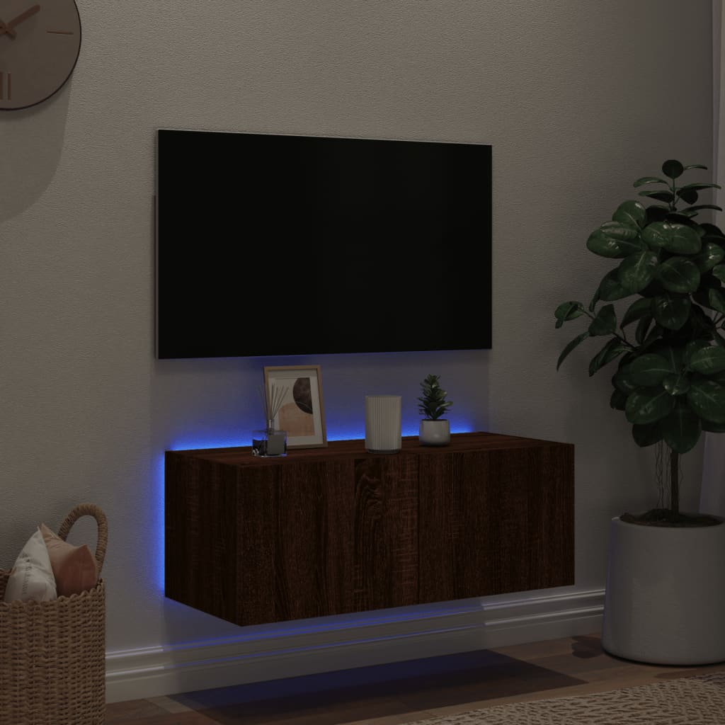 vidaXL Meuble TV mural avec lumières LED chêne marron 80x35x31 cm