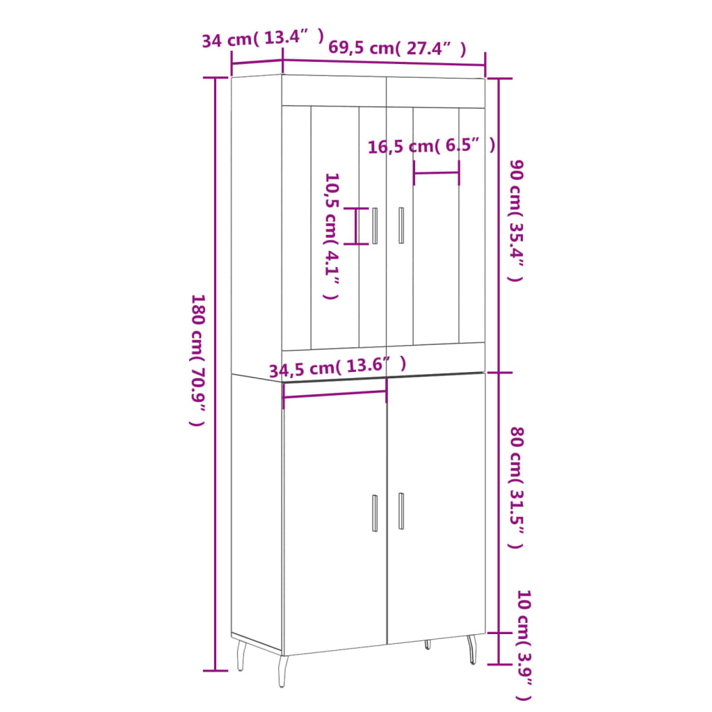 vidaXL Buffet haut Noir 69,5x34x180 cm Bois d'ingénierie