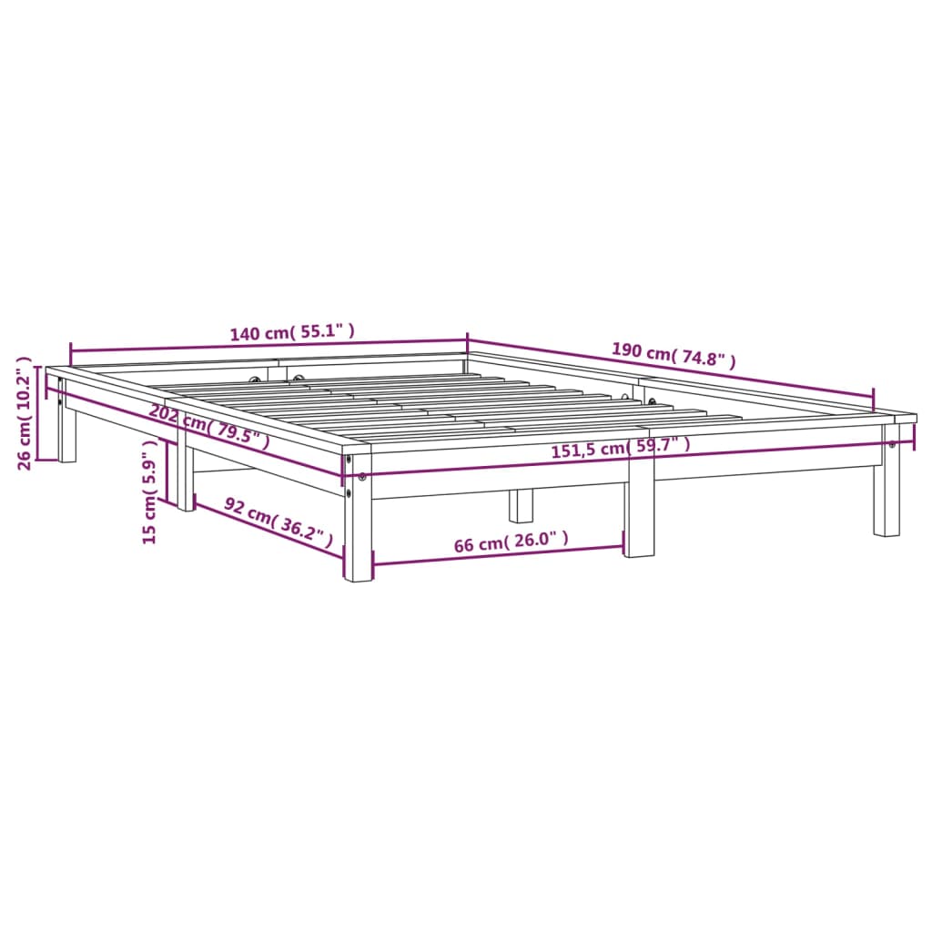 vidaXL Cadre de lit Noir 140x190 cm Bois de pin massif