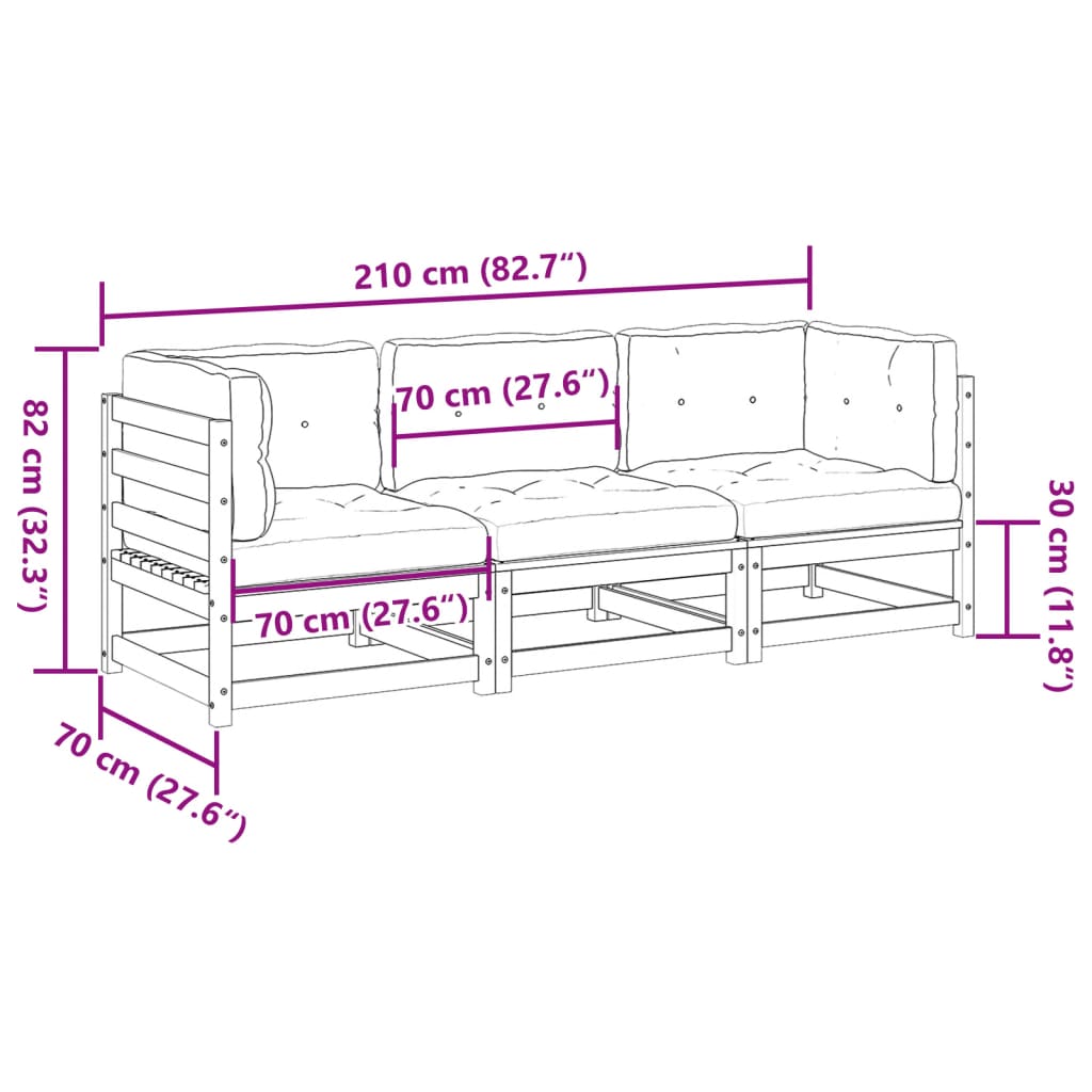 vidaXL Salon de jardin 3 pcs avec coussins bois de pin imprégné