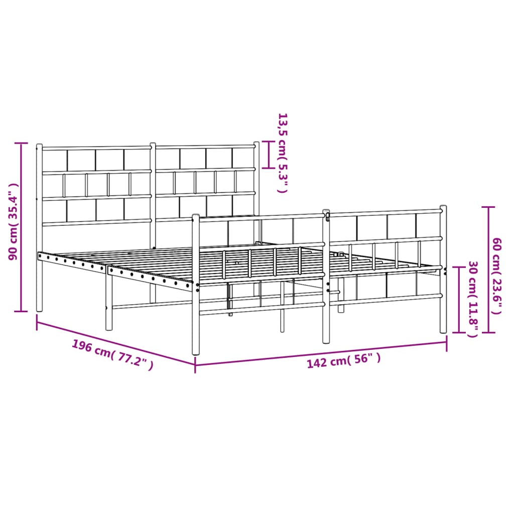 vidaXL Cadre de lit métal sans matelas et pied de lit blanc 135x190 cm