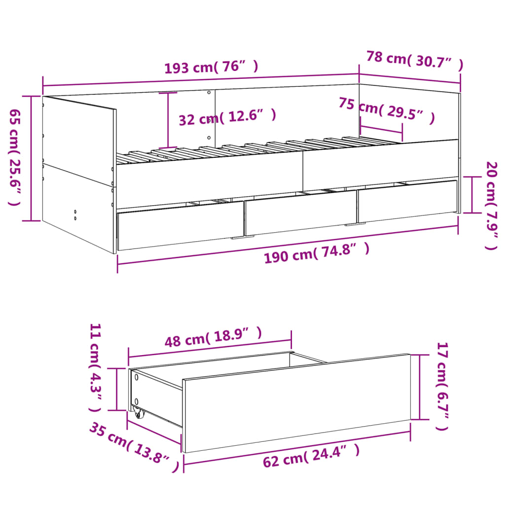 vidaXL Lit de jour avec tiroirs sans matelas blanc 75x190 cm