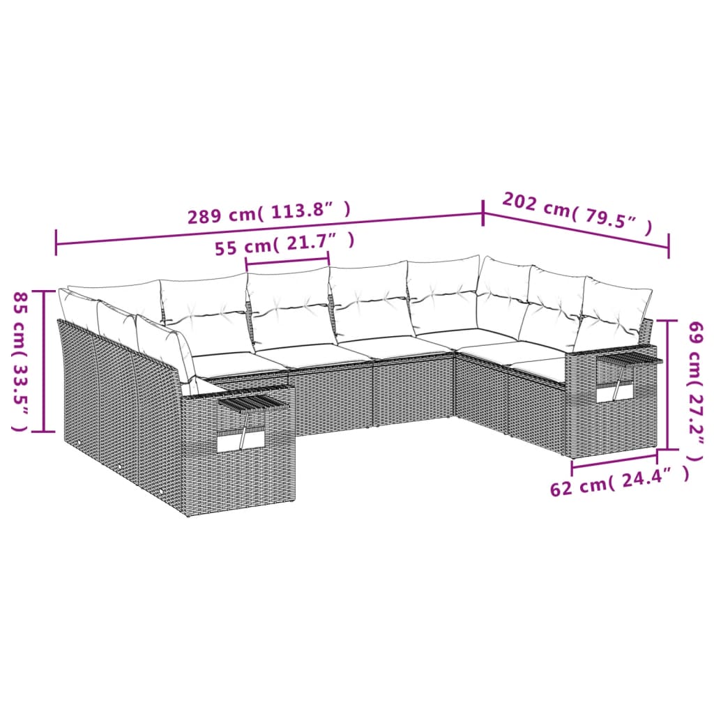 vidaXL Salon de jardin avec coussins 9 pcs marron résine tressée