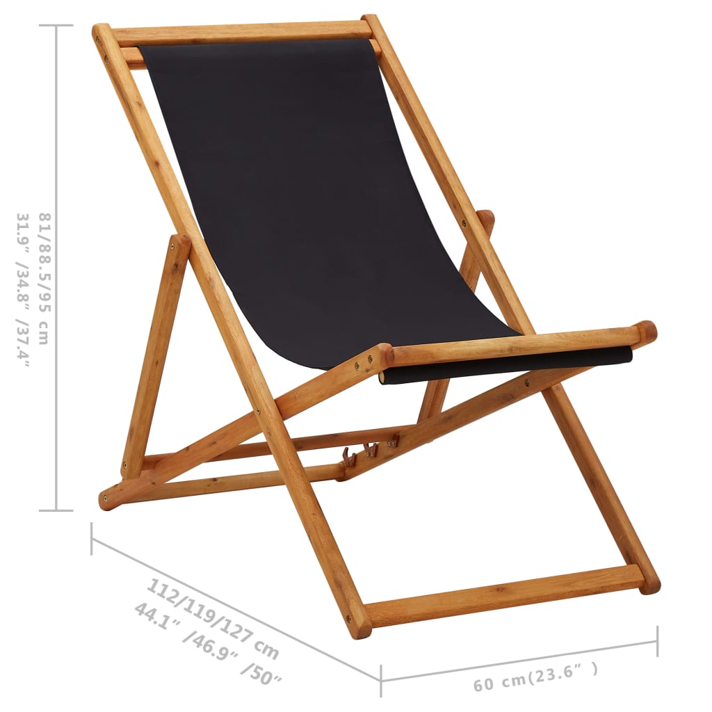 vidaXL Chaise pliable de plage bois d'eucalyptus et tissu noir