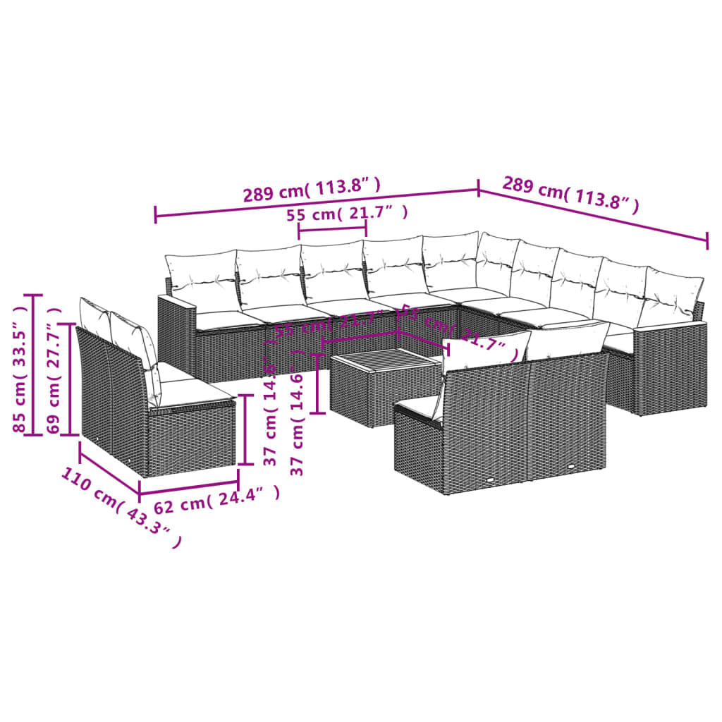 vidaXL Salon de jardin avec coussins 14 pcs gris résine tressée