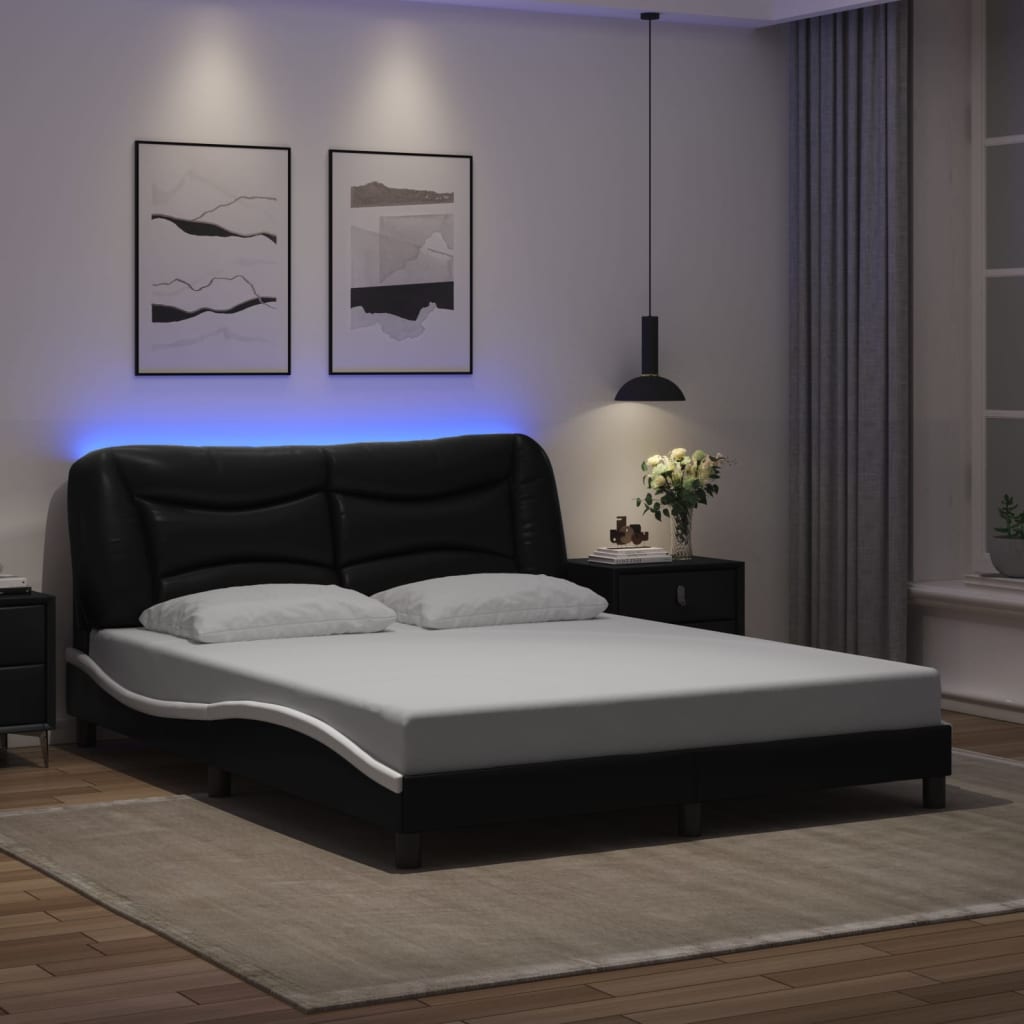 vidaXL Cadre de lit avec lumières LED noir blanc 160x200 cm similicuir