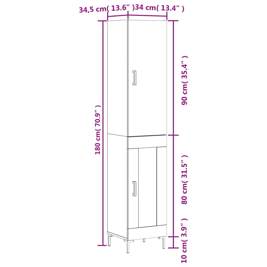 vidaXL Buffet haut Chêne marron 34,5x34x180 cm Bois d'ingénierie