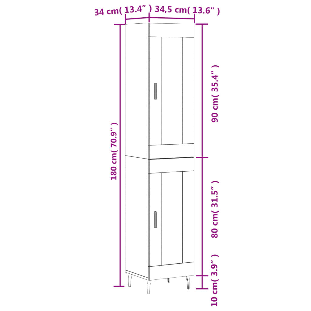 vidaXL Buffet haut Sonoma gris 34,5x34x180 cm Bois d'ingénierie