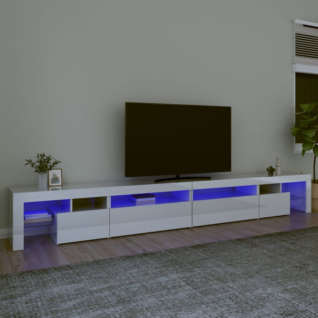 vidaXL Meuble TV avec lumières LED Blanc brillant 290x36,5x40 cm