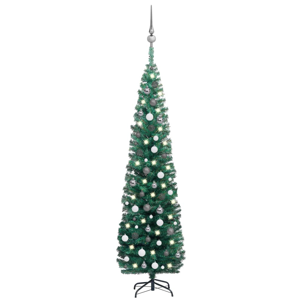 vidaXL Sapin de Noël artificiel mince pré-éclairé et boules vert 210cm