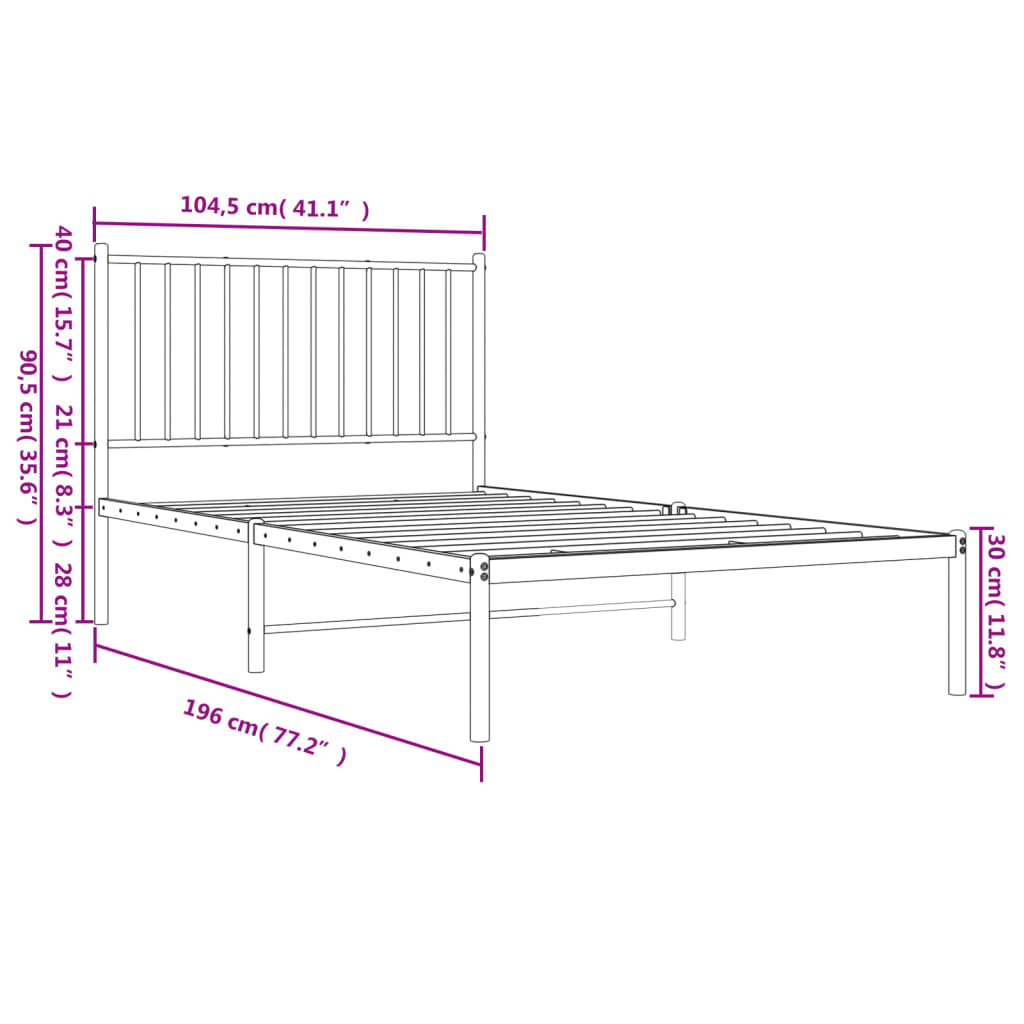 vidaXL Cadre de lit métal sans matelas avec tête de lit noir 100x190cm