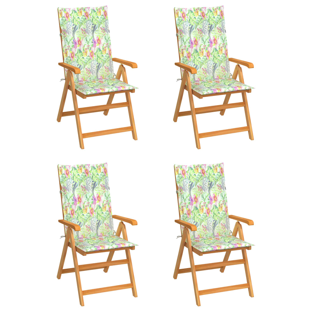 vidaXL Chaises de jardin 4pcs avec coussins motif feuilles Teck solide