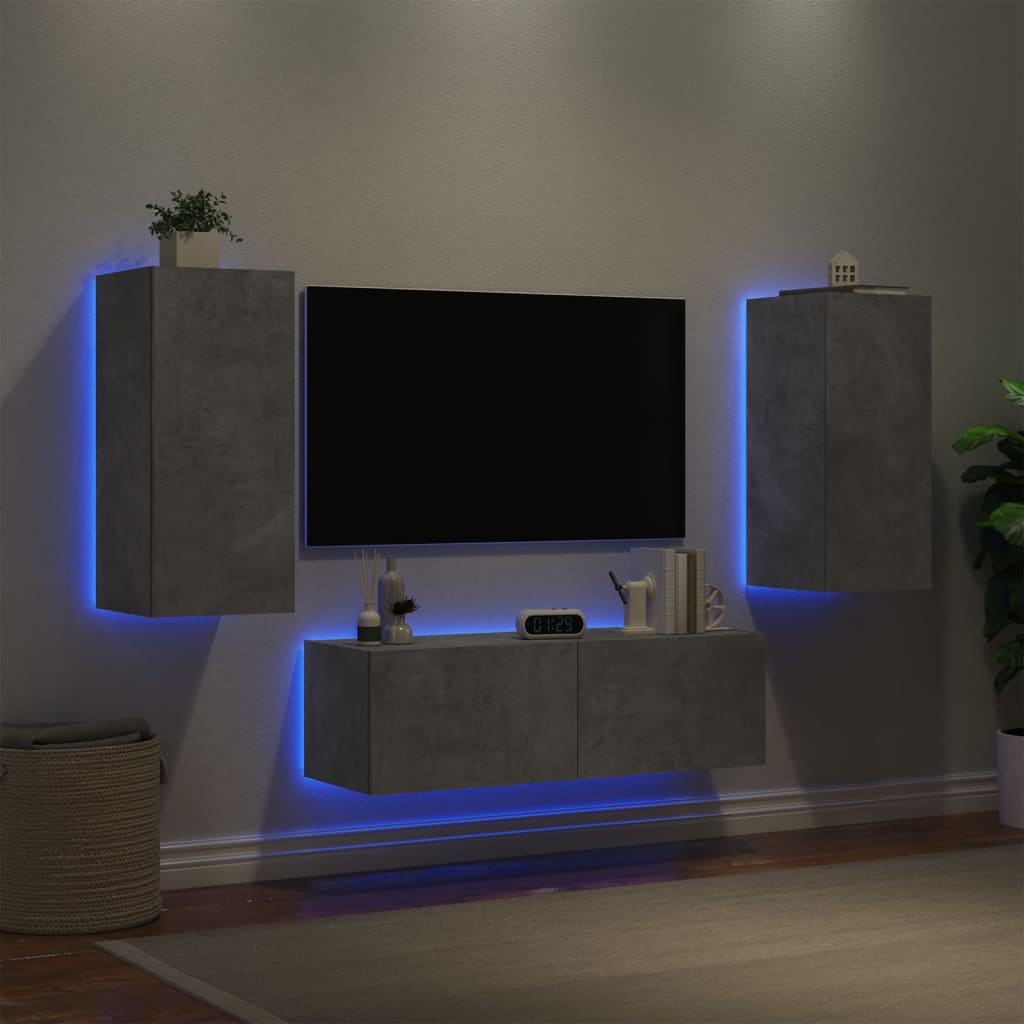 vidaXL Meuble TV muraux 3 pcs avec lumières LED gris béton