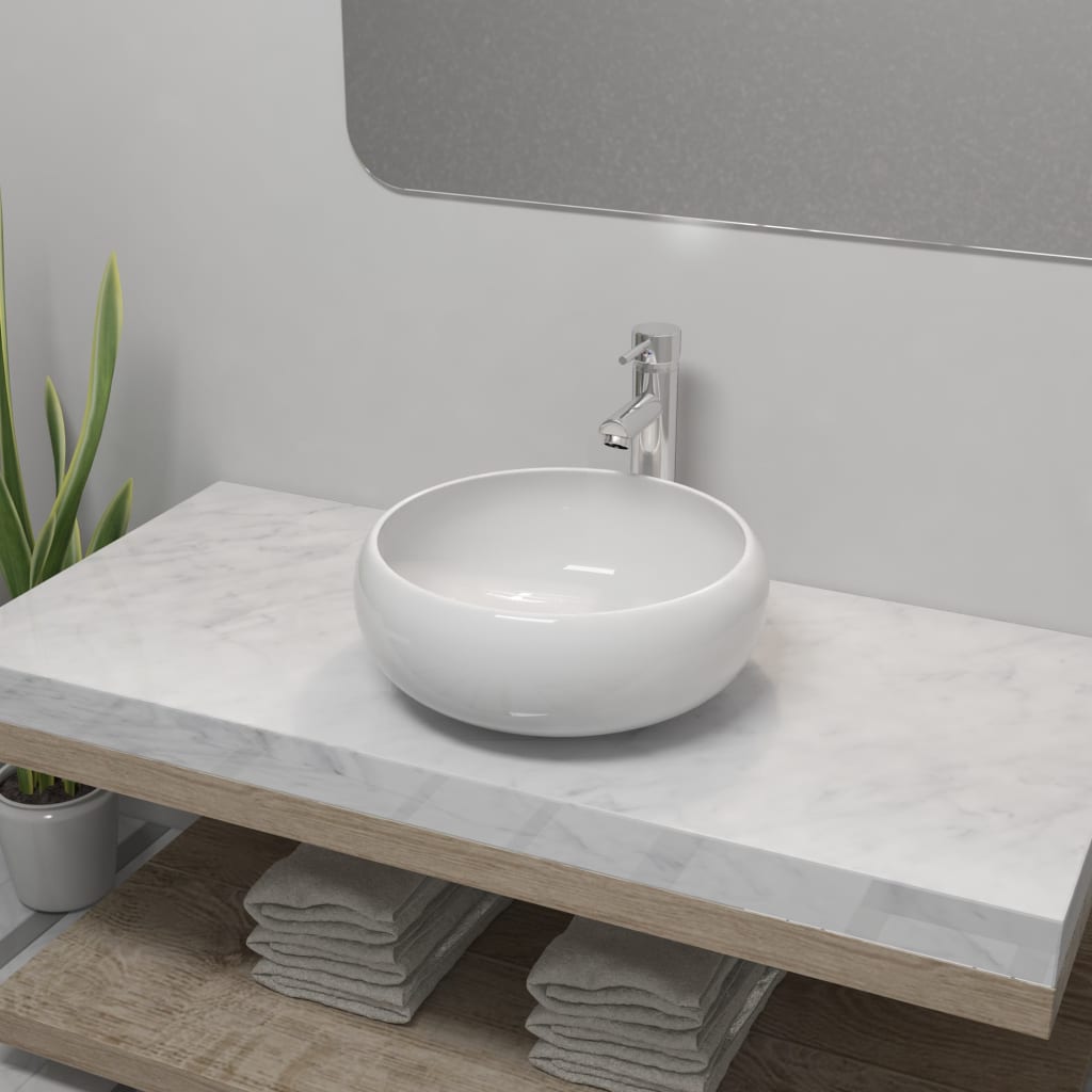 vidaXL Lavabo de salle de bain avec mitigeur Céramique Rond Blanc