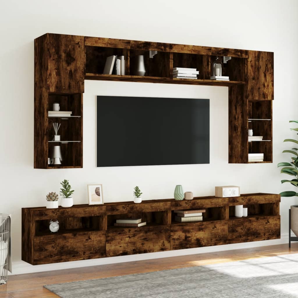 vidaXL Ensemble de meubles TV muraux 8 pcs et lumières LED chêne fumé
