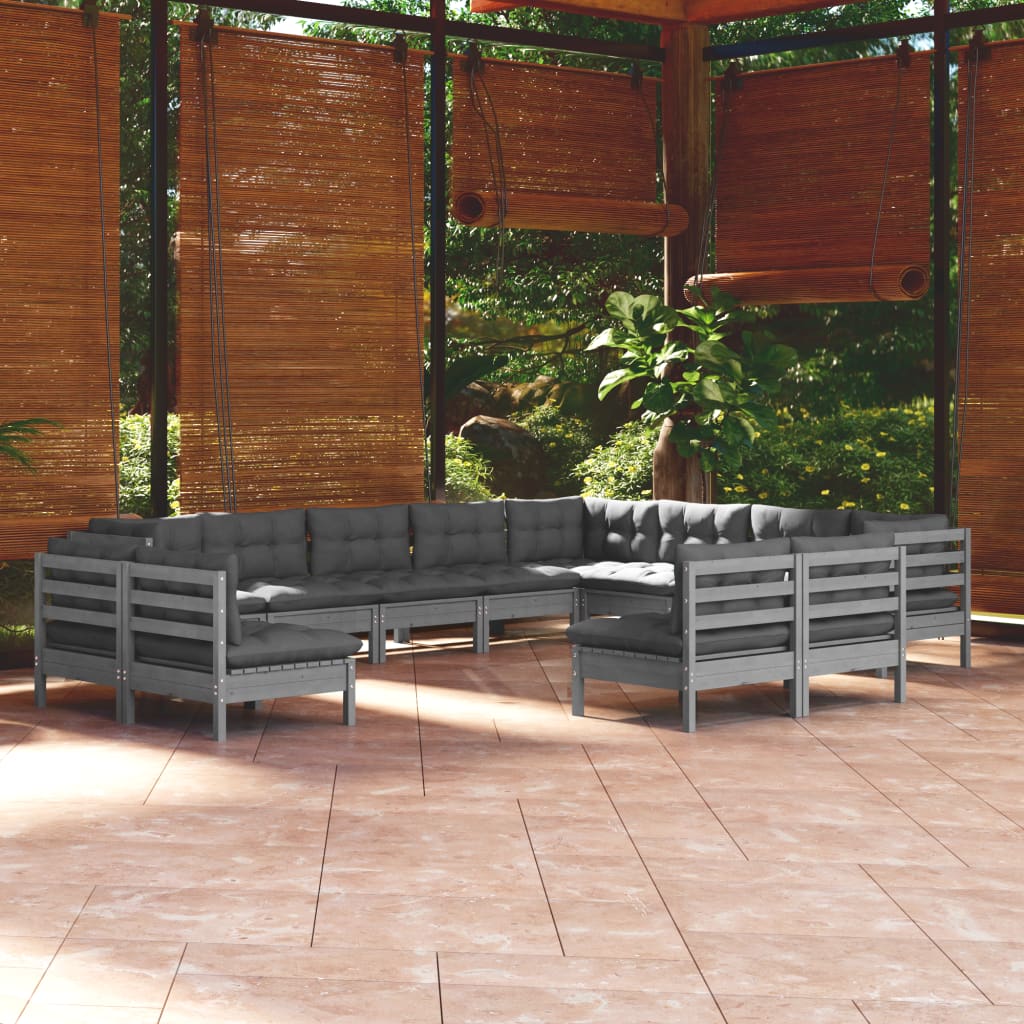 vidaXL Salon de jardin 12 pcs avec coussins gris bois de pin solide