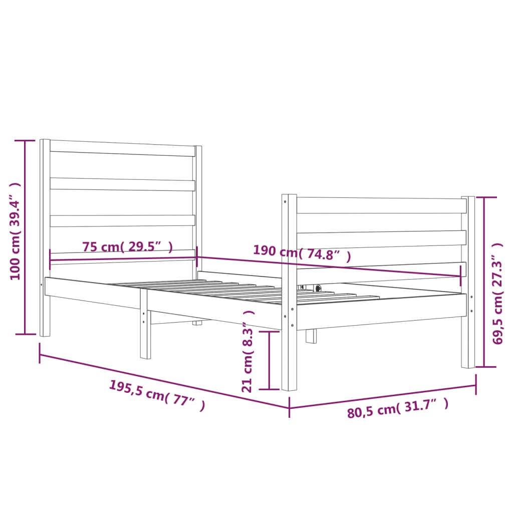 vidaXL Cadre de lit Noir Bois de pin massif 75x190 cm Petit simple