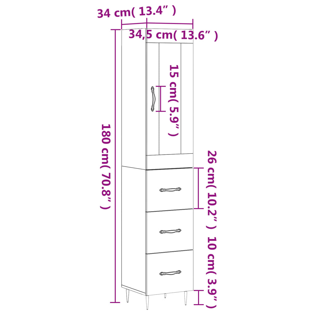 vidaXL Buffet haut Chêne fumé 34,5x34x180 cm Bois d'ingénierie