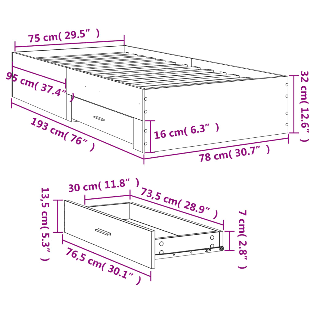 vidaXL Cadre de lit avec tiroirs chêne sonoma 200x200 cm