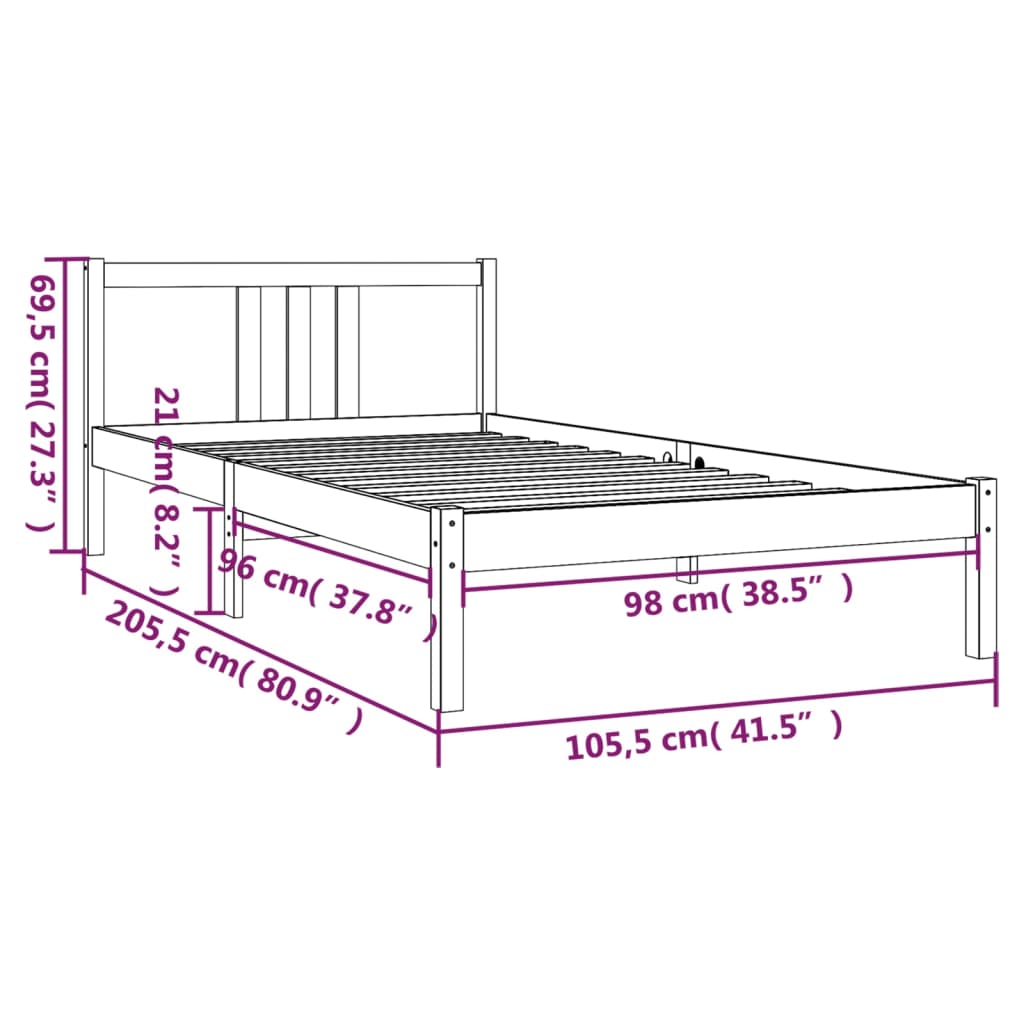 vidaXL Cadre de lit Gris Bois massif 100x200 cm