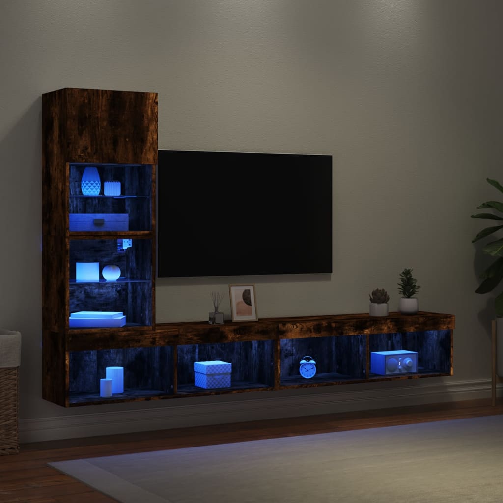 vidaXL Unités murales TV avec LED 4 pcs chêne fumé bois d'ingénierie