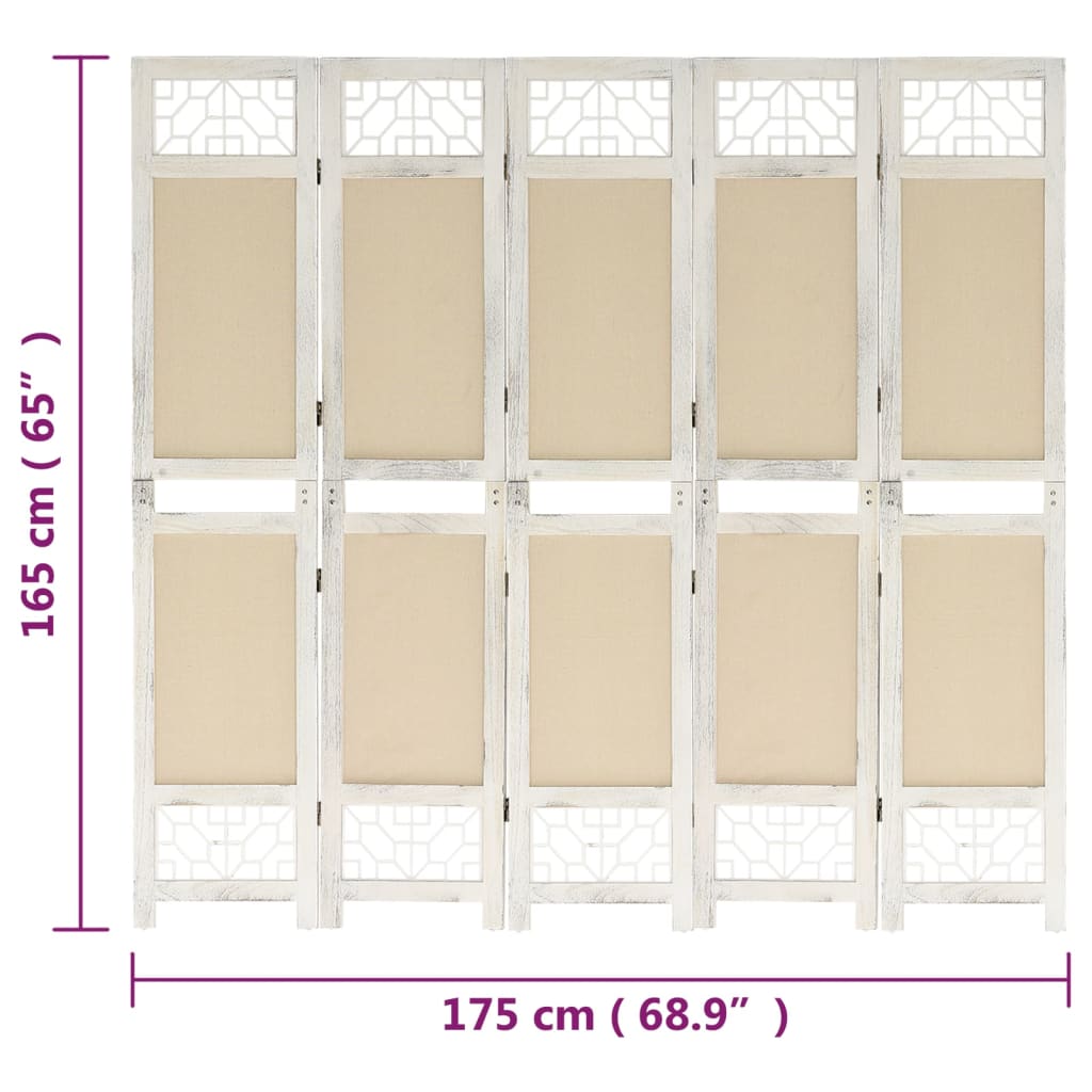 vidaXL Cloison de séparation 5 panneaux Crème 175x165 cm Tissu