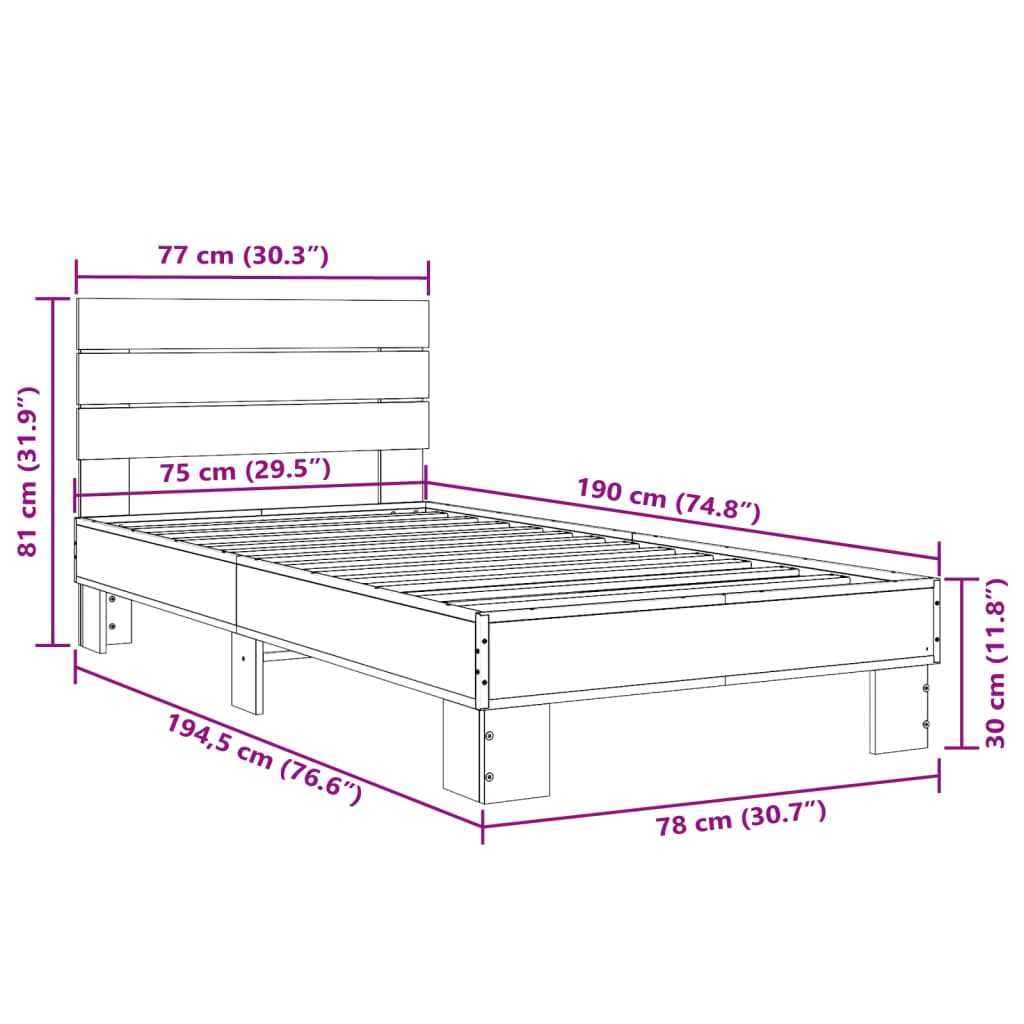 vidaXL Cadre de lit sans matelas chêne marron 75x190 cm