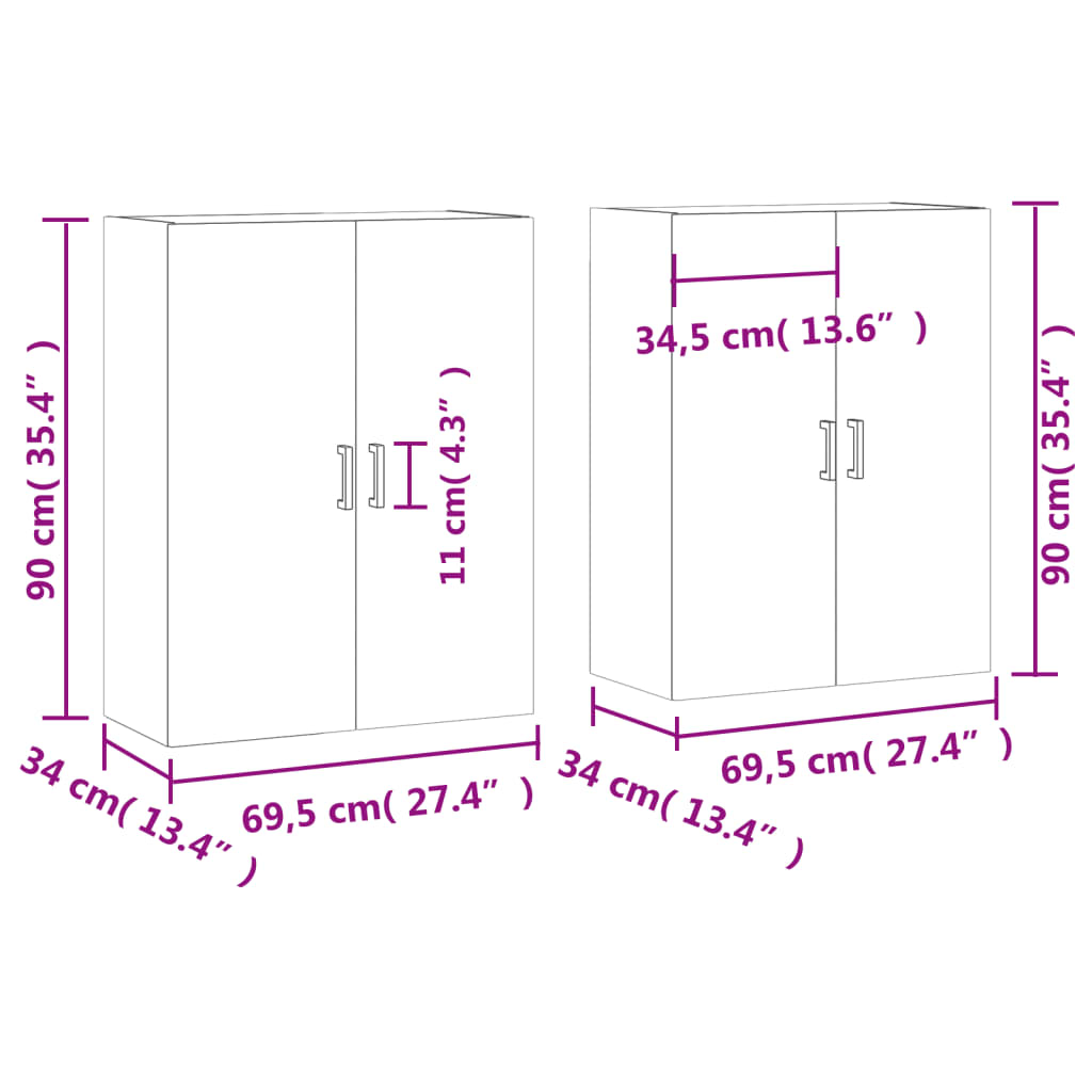 vidaXL Armoires murales 2 pcs sonoma gris 69,5x34x90 cm