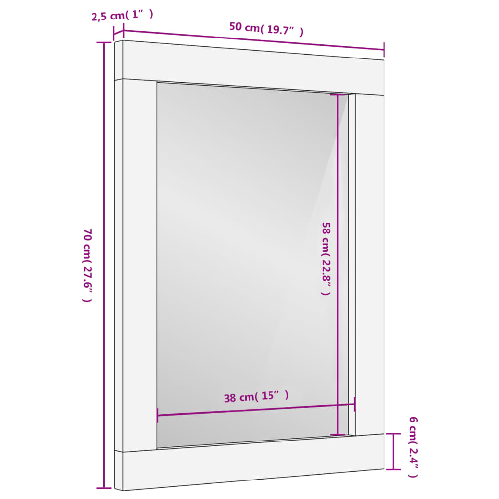 vidaXL Miroir de bain noir 50x70x2,5 cm bois manguier massif et verre