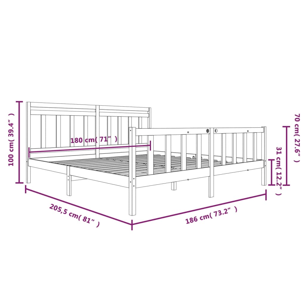 vidaXL Cadre de lit 180x200 cm Super King Bois massif