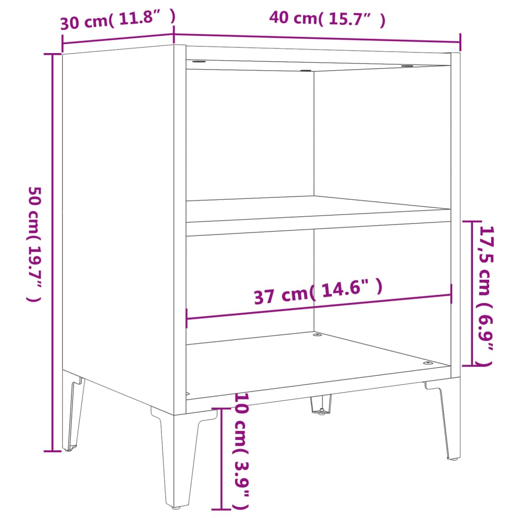 vidaXL Table de chevet avec pieds en métal Chêne marron 40x30x50 cm