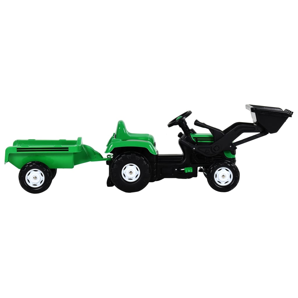 vidaXL Tracteur à pédales d'enfants et remorque et chargeur Vert/noir