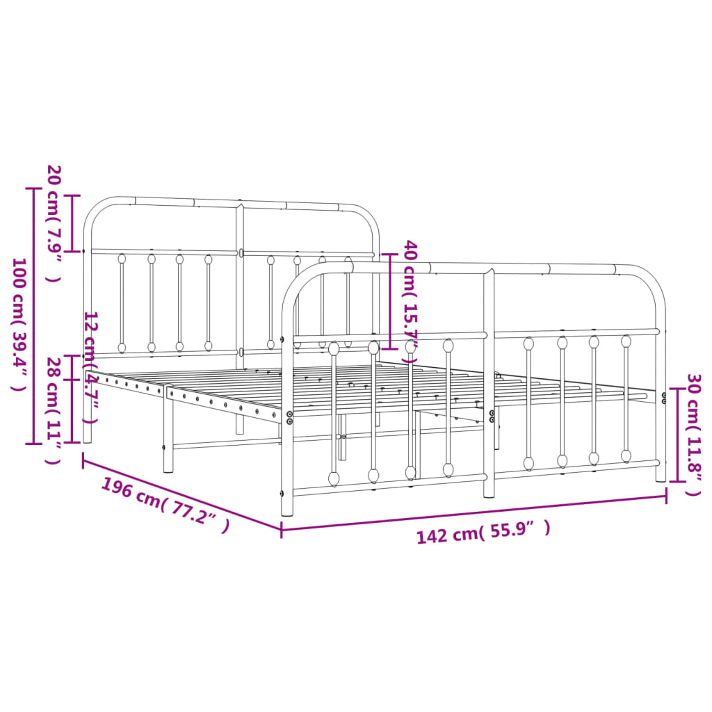 vidaXL Cadre de lit métal sans matelas et pied de lit blanc 135x190 cm