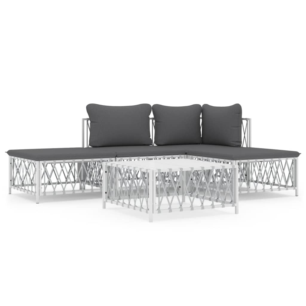 vidaXL Salon de jardin avec coussins 5 pcs blanc acier