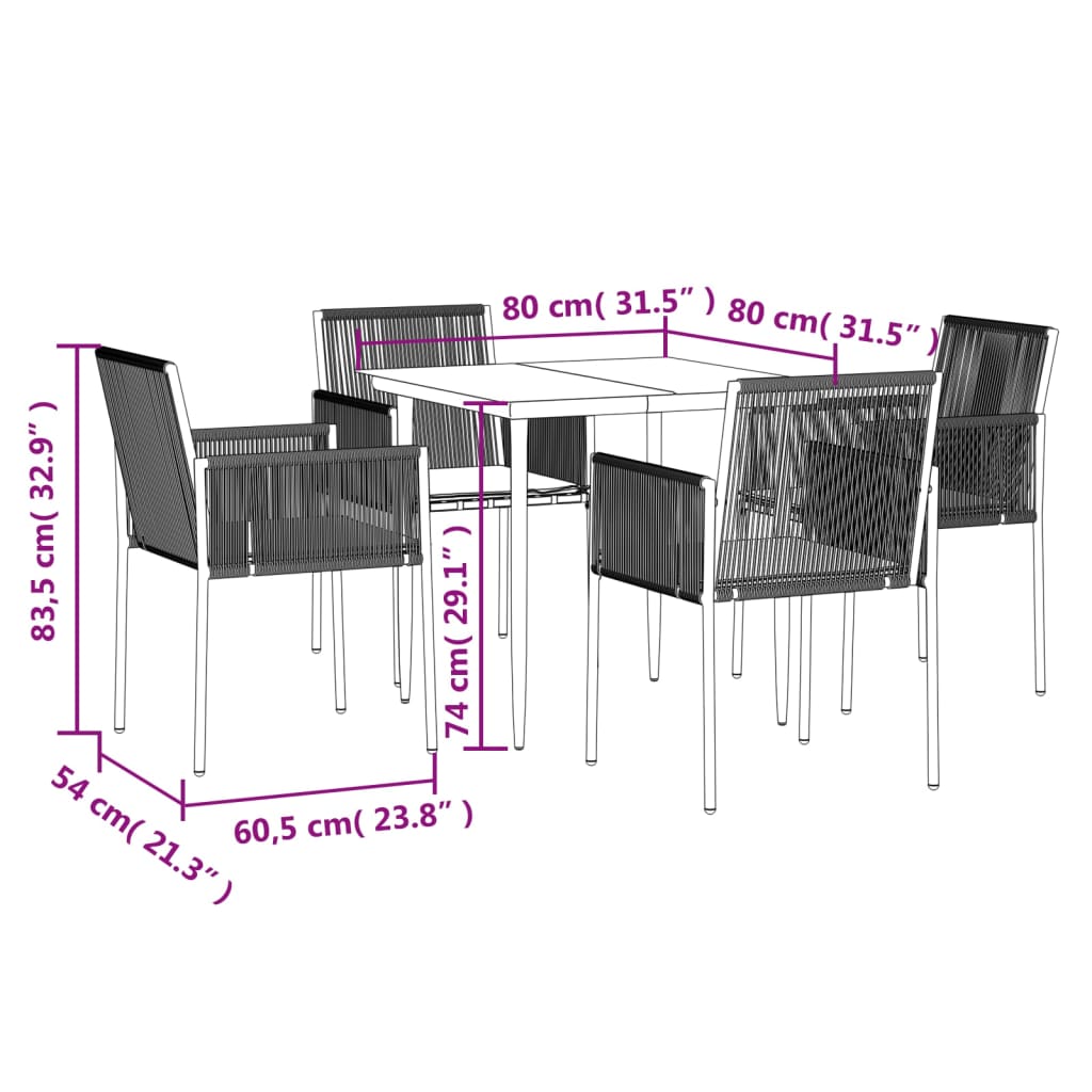 vidaXL Ensemble à manger de jardin coussins 5pcs noir rotin et acier