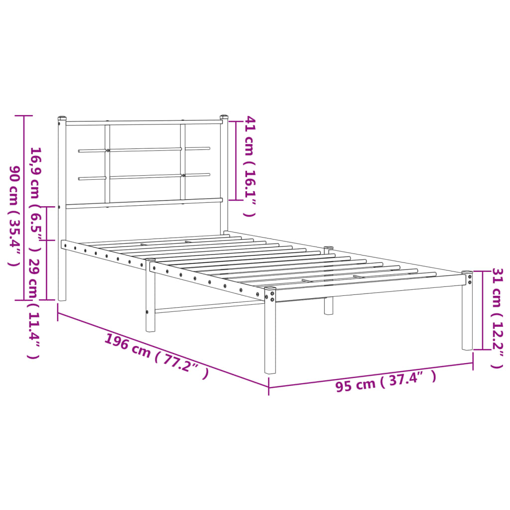 vidaXL Cadre de lit métal sans matelas avec tête de lit blanc 90x190cm